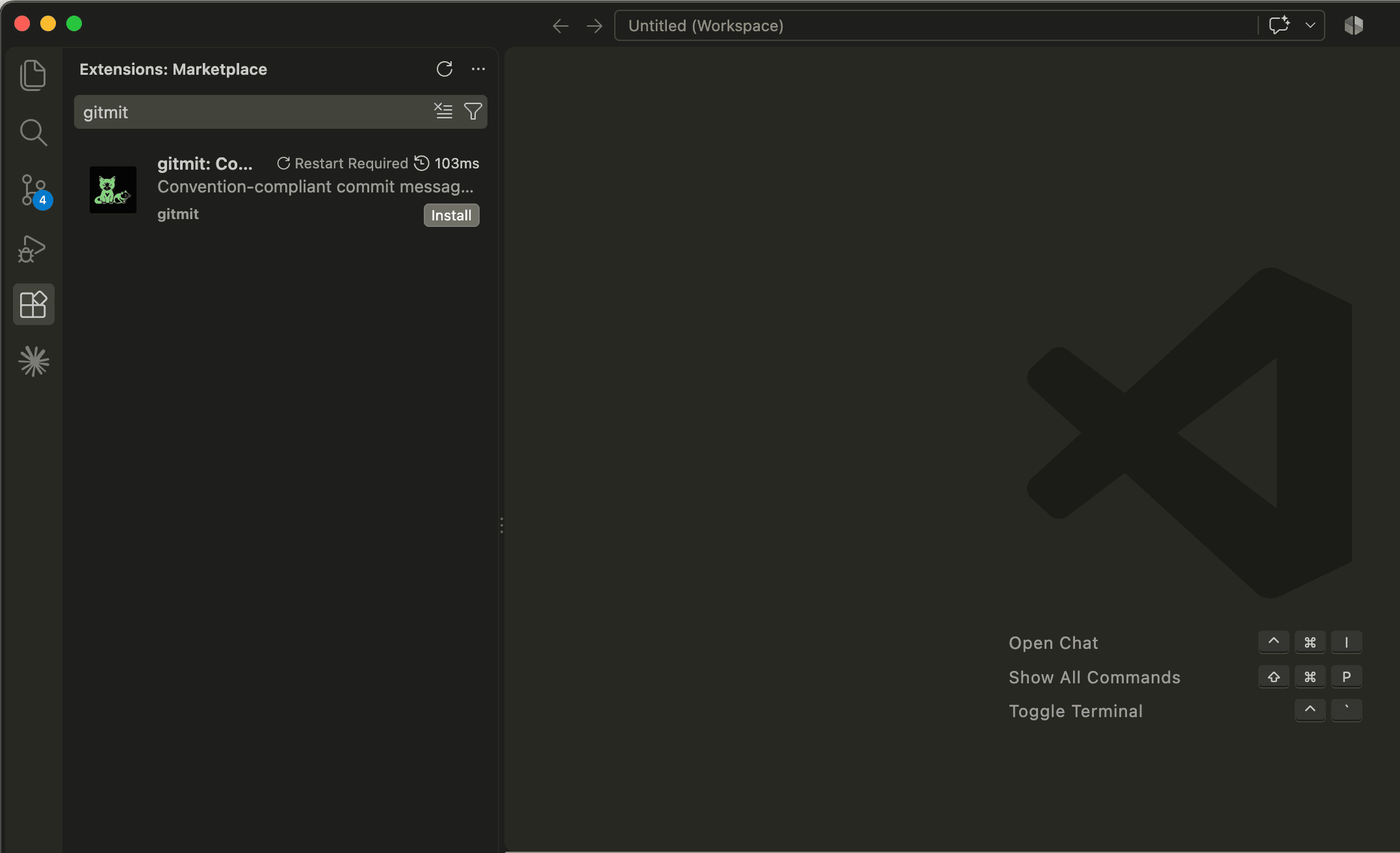 The VS Code Extensions view with gitmit typed in the search box, showing the gitmit: Commit Messages extension with an Install button.